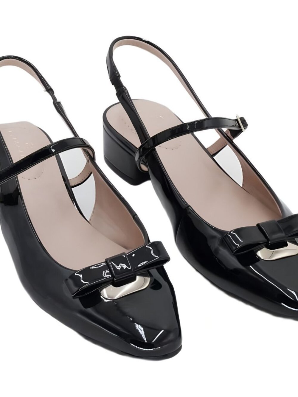 Bandolino Womens Adana Bow Slip Sling-back Block Heel Black Patent Sz 7.5M